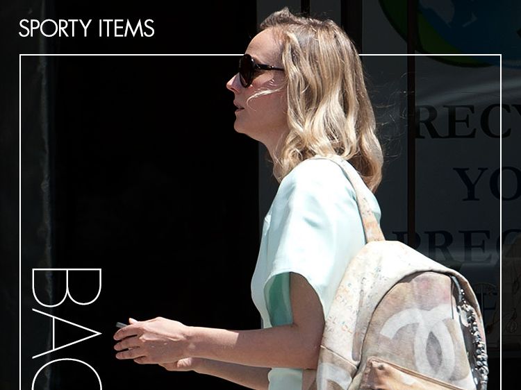 Bag, Blond, Sunglasses, One-piece garment, Photo caption, 