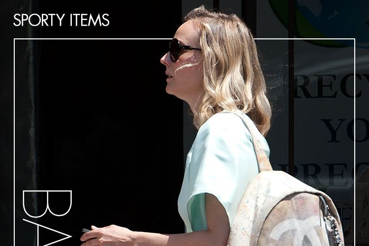 Bag, Blond, Sunglasses, One-piece garment, Photo caption, 