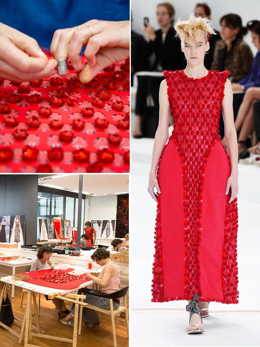 Red, Dress, Pattern, Style, Formal wear, One-piece garment, Nail, Fashion model, Fashion, Collage, 