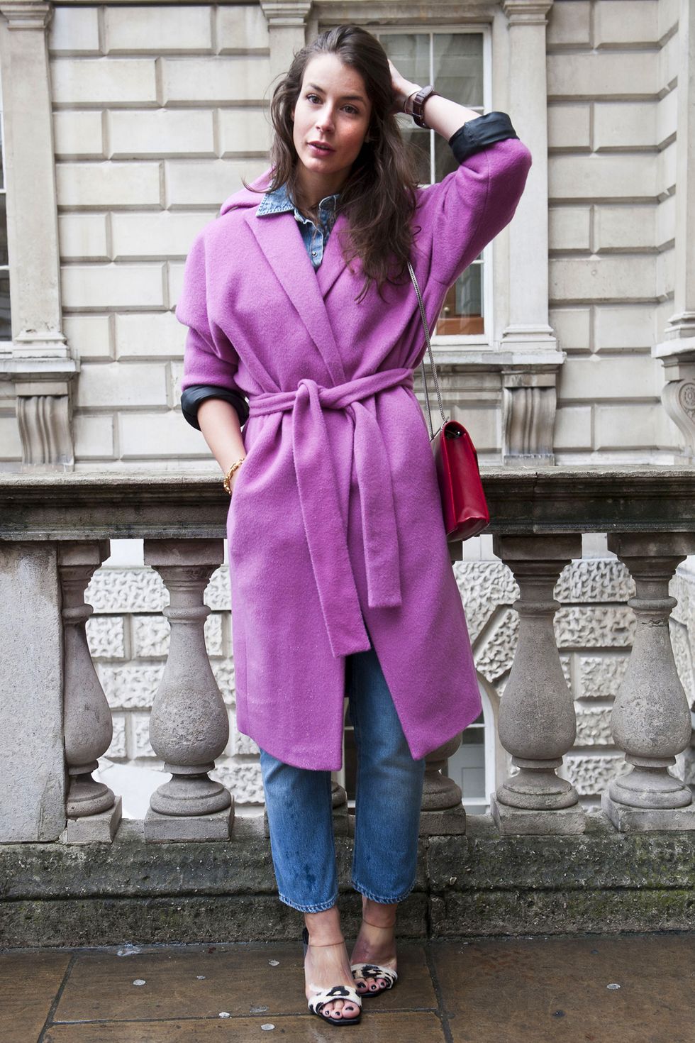 Clothing, Sleeve, Purple, Textile, Collar, Outerwear, Jeans, Pink, Magenta, Coat, 