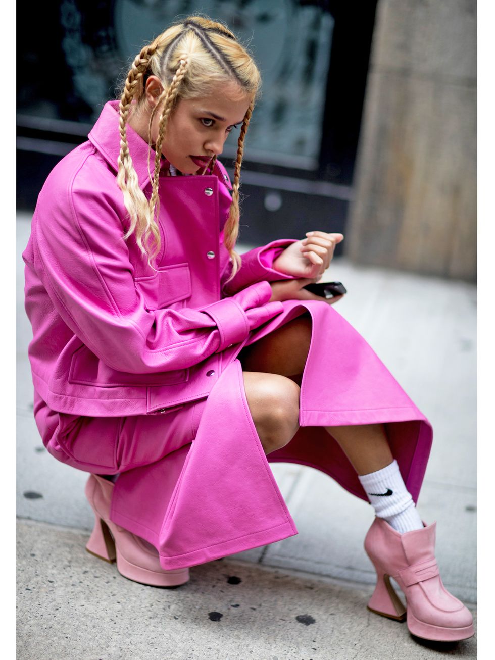 Pink, Street fashion, Magenta, Fashion, Outerwear, Footwear, Blond, Robe, Shoe, Sitting, 
