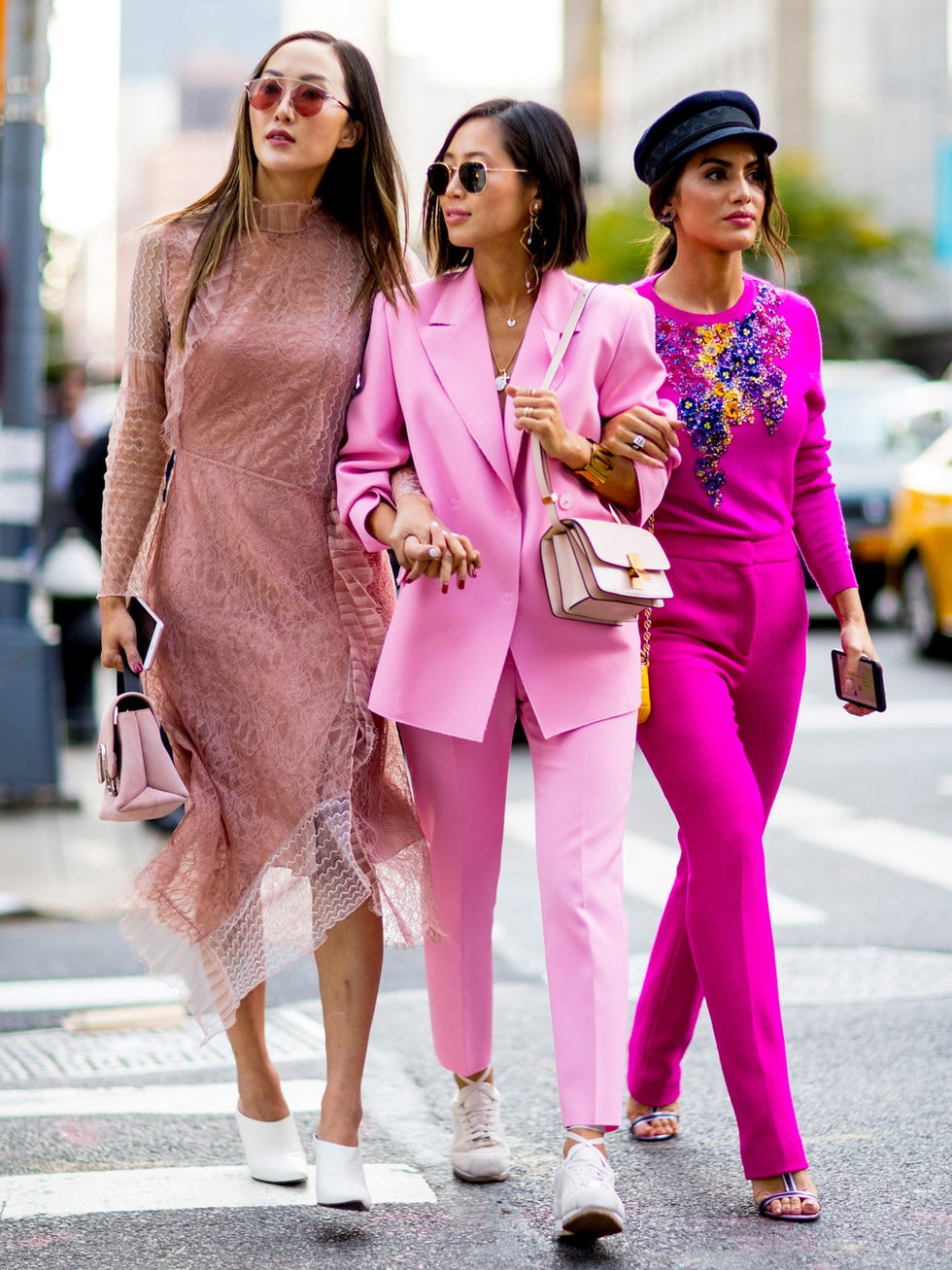 Pink, Street fashion, Clothing, Fashion, Suit, Fashion model, Magenta, Outerwear, Pantsuit, Blazer, 