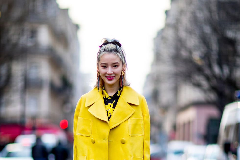 Clothing, Yellow, Sleeve, Collar, Outerwear, Street, Style, Street fashion, Bag, Pattern, 