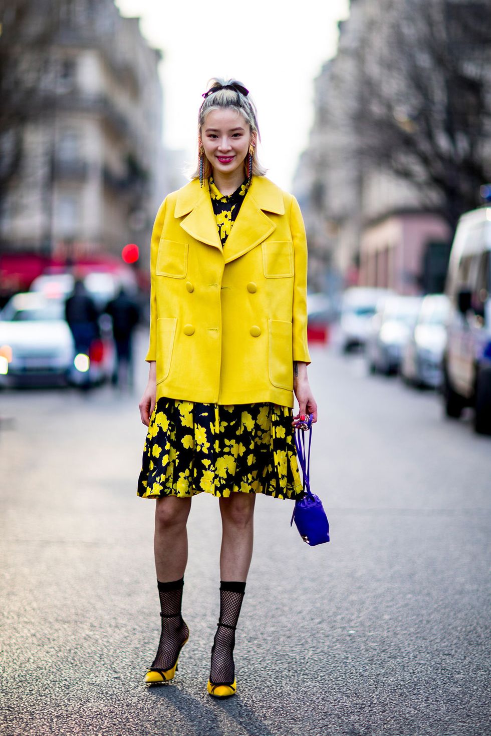 Clothing, Yellow, Sleeve, Collar, Outerwear, Street, Style, Street fashion, Bag, Pattern, 