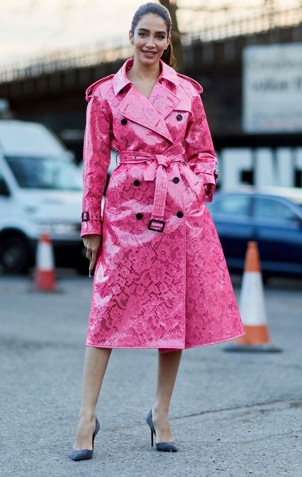 Clothing, Sleeve, Textile, Outerwear, Pink, Cone, Collar, Coat, Dress, Style, 