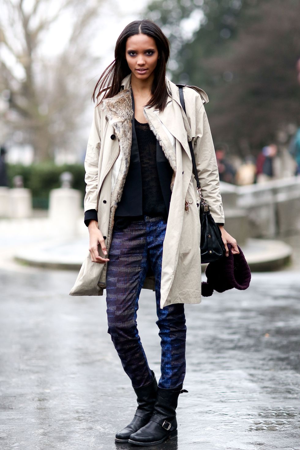 Clothing, Brown, Winter, Textile, Outerwear, White, Boot, Jeans, Bag, Fashion accessory, 