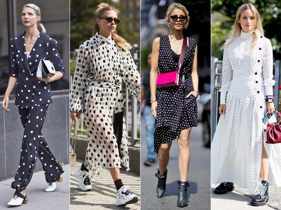 Clothing, Street fashion, Polka dot, Fashion, Pattern, Black-and-white, Fashion model, Dress, Footwear, Design, 