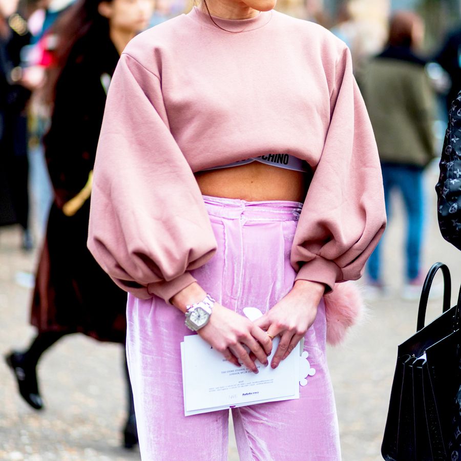 Street fashion, Pink, Clothing, Fashion, Beauty, Joint, Shoulder, Costume, Dress, Crop top, 