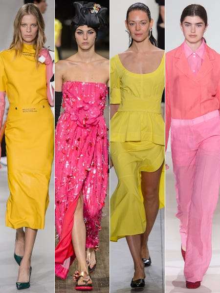 Fashion model, Clothing, Fashion, Pink, Yellow, Shoulder, Dress, Haute couture, Magenta, Fashion design, 