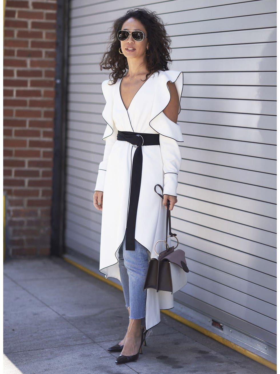 Clothing, White, Shoulder, Street fashion, Outerwear, Fashion, Dress, Coat, Trench coat, Neck, 