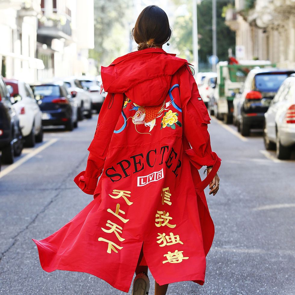 Clothing, Red, Outerwear, Street fashion, Costume, Fashion, Sleeve, Coat, Tradition, 