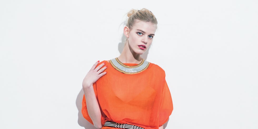 Clothing, Orange, Shoulder, Dress, Fashion, Yellow, Joint, Day dress, Peach, Fashion model, 