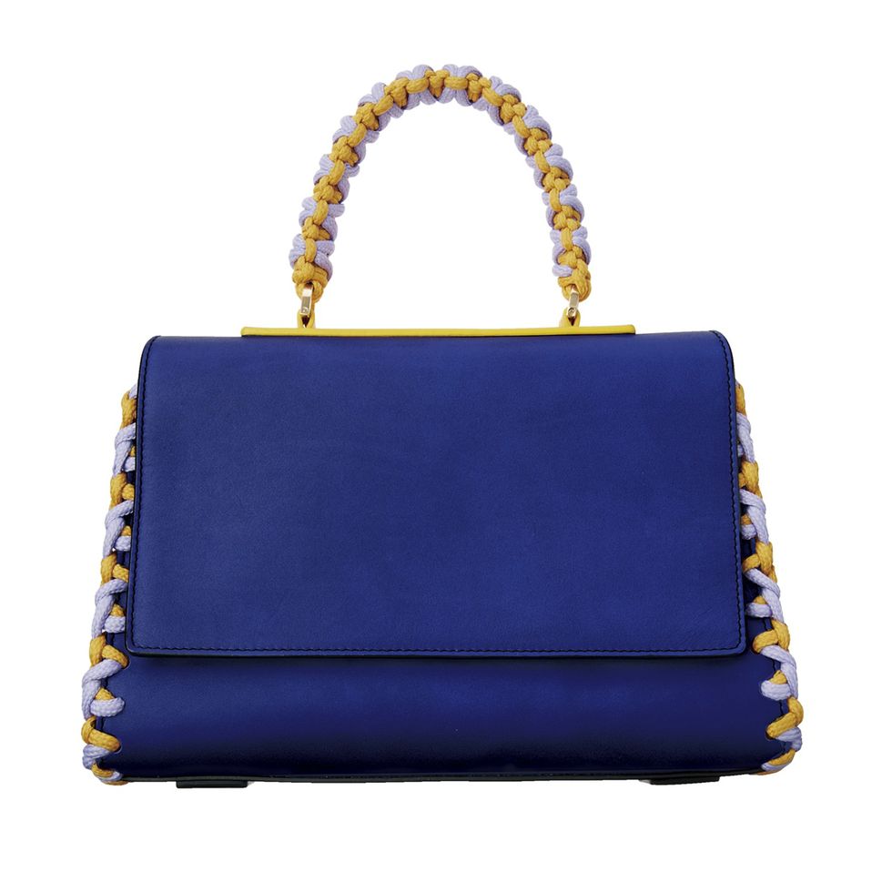 Handbag, Cobalt blue, Bag, Blue, Electric blue, Yellow, Fashion accessory, Shoulder bag, Leather, Chain, 