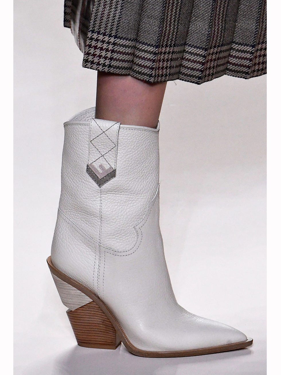 Footwear, Boot, White, Fashion, Tan, Beige, Tartan, Fashion design, High heels, Buckle, 