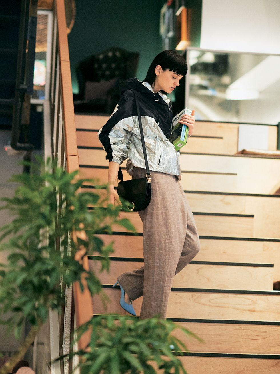 Trousers, Jacket, Bag, Street fashion, Stairs, Luggage and bags, Flowerpot, Top, Houseplant, Handbag, 