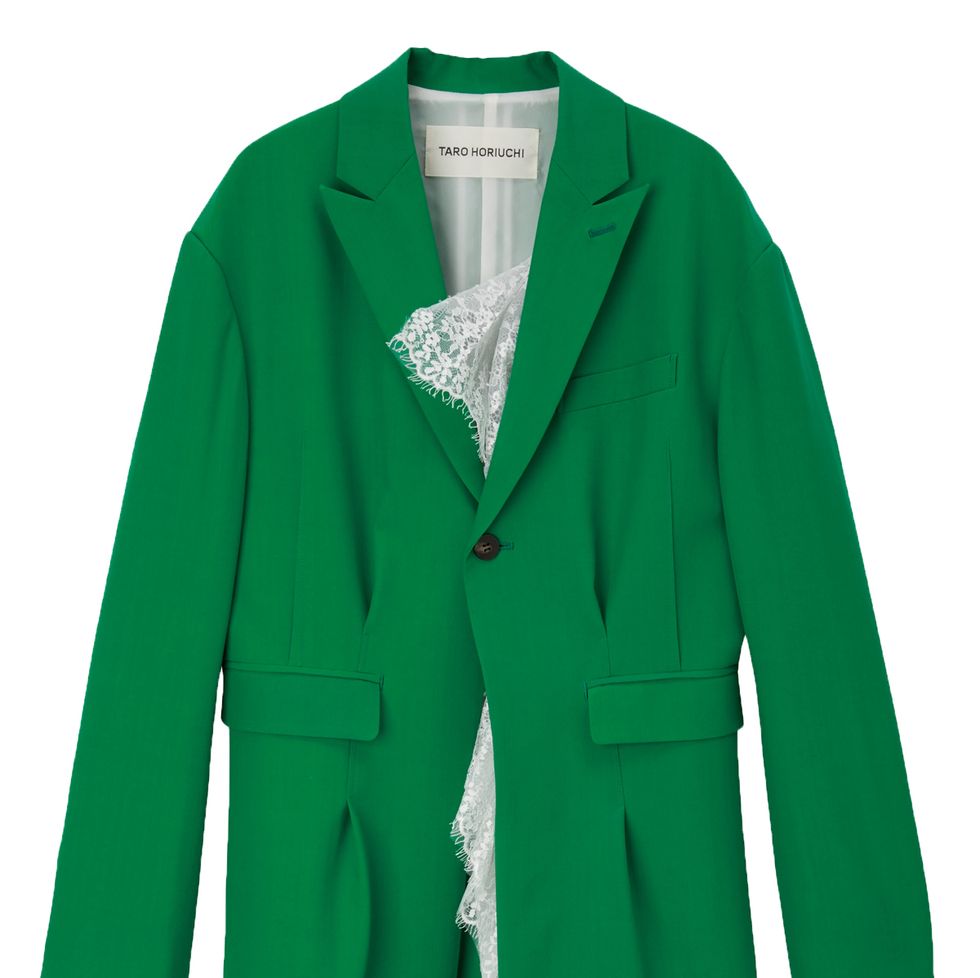 Clothing, Green, Collar, Sleeve, Coat, Textile, Outerwear, Standing, Pattern, Uniform, 