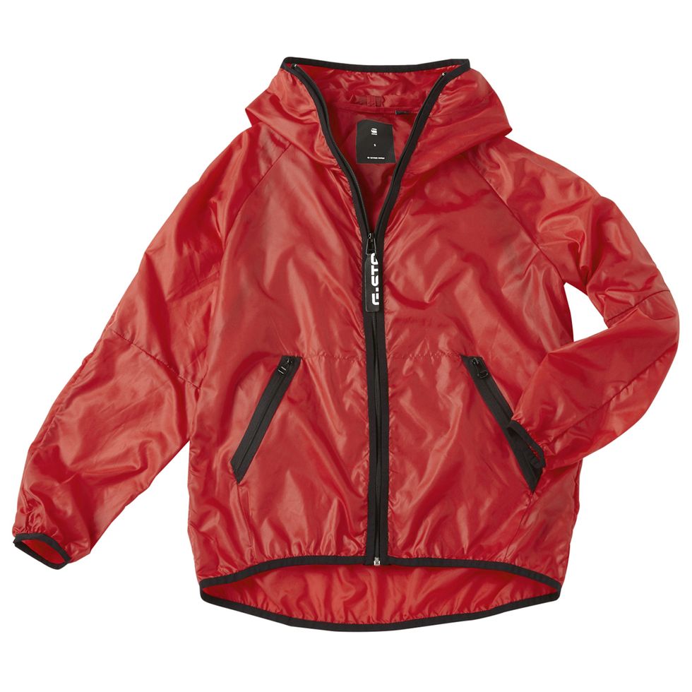 Jacket, Clothing, Outerwear, Red, Sleeve, Windbreaker, Hood, Raincoat, Zipper, Rain suit, 