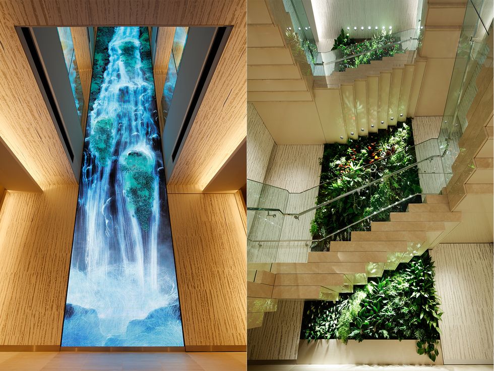Green, Architecture, Interior design, Aqua, Teal, Design, Water feature, Transparent material, Decoration, 