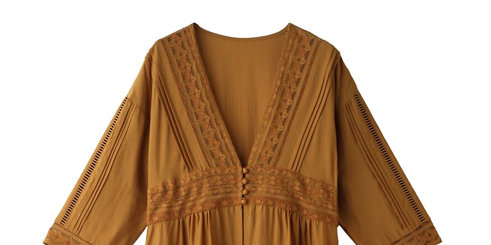 Brown, Yellow, Sleeve, Textile, Dress, One-piece garment, Pattern, Khaki, Tan, Day dress, 