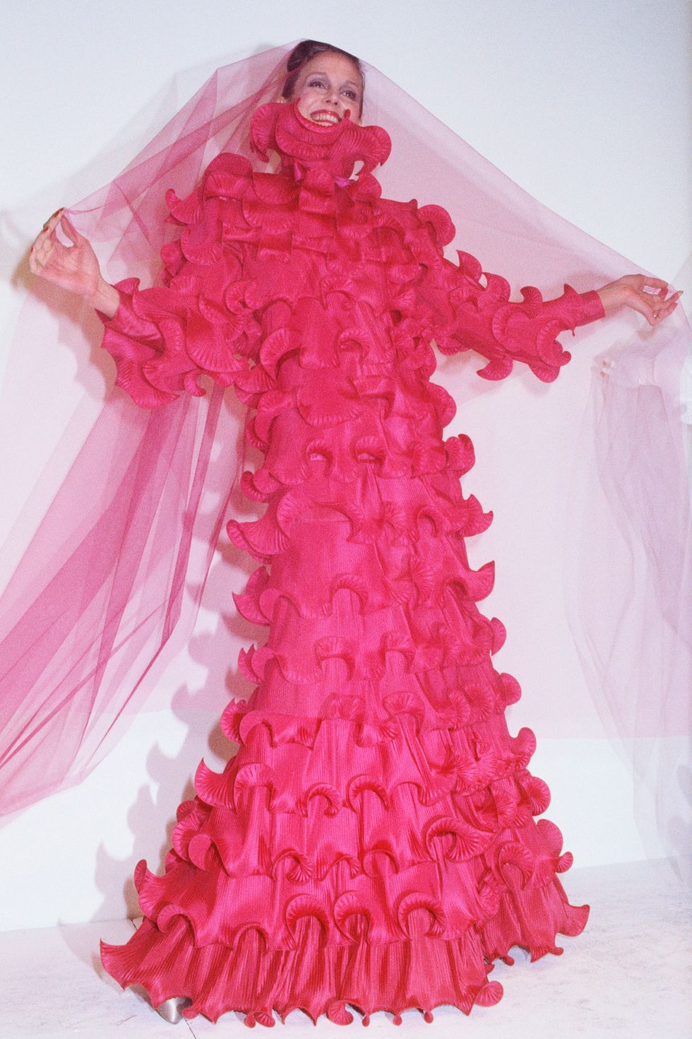 Pink, Clothing, Ruffle, Red, Dress, Magenta, Fashion, Textile, Gown, Fashion accessory, 