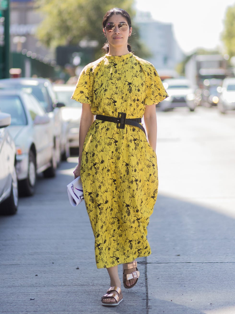 Clothing, Yellow, Street fashion, Fashion, Dress, Fashion model, Footwear, Day dress, Waist, Sleeve, 