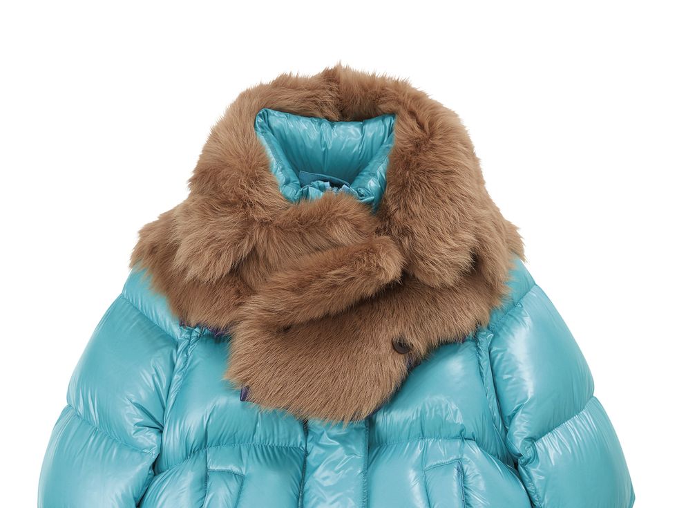 Clothing, Fur, Jacket, Outerwear, Fur clothing, Turquoise, Hood, Blue, Sleeve, Puffer, 