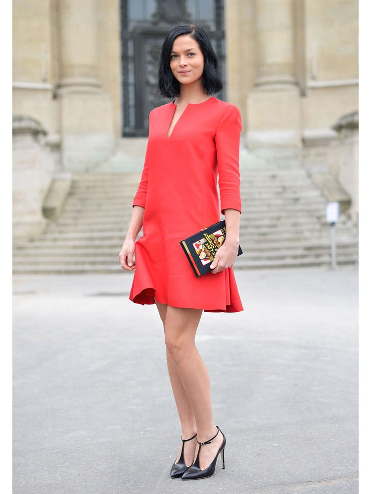 Clothing, Sleeve, Human leg, Shoulder, Shoe, Dress, Joint, Red, Style, Formal wear, 