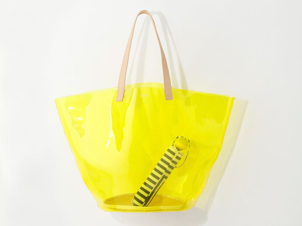 Yellow, Bag, Fashion accessory, Shoulder bag, Luggage and bags, Tote bag, Shopping bag, Handbag, Brand, Strap, 
