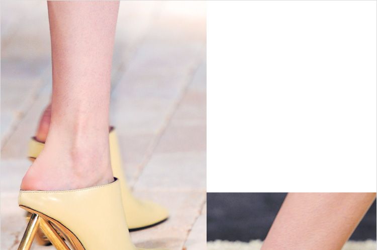 Footwear, Leg, Yellow, High heels, Human leg, Joint, Sandal, Pink, Style, Tan, 
