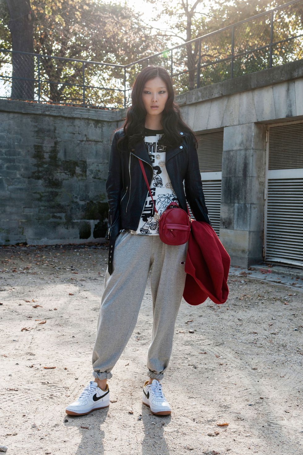 Trousers, Shoe, Outerwear, Bag, Style, Street fashion, Maroon, Luggage and bags, Sneakers, Snapshot, 