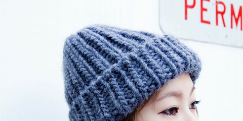 Blue, Lip, Textile, Style, Headgear, Wool, Winter, Street fashion, Electric blue, Eyelash, 