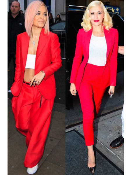 Footwear, Red, Outerwear, Style, Blazer, Fashion, Blond, Necklace, Long hair, Pantsuit, 