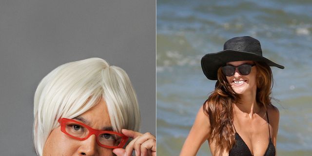 Clothing, Eyewear, Vision care, Hairstyle, Brassiere, People on beach, Hat, Collar, Summer, Undergarment, 