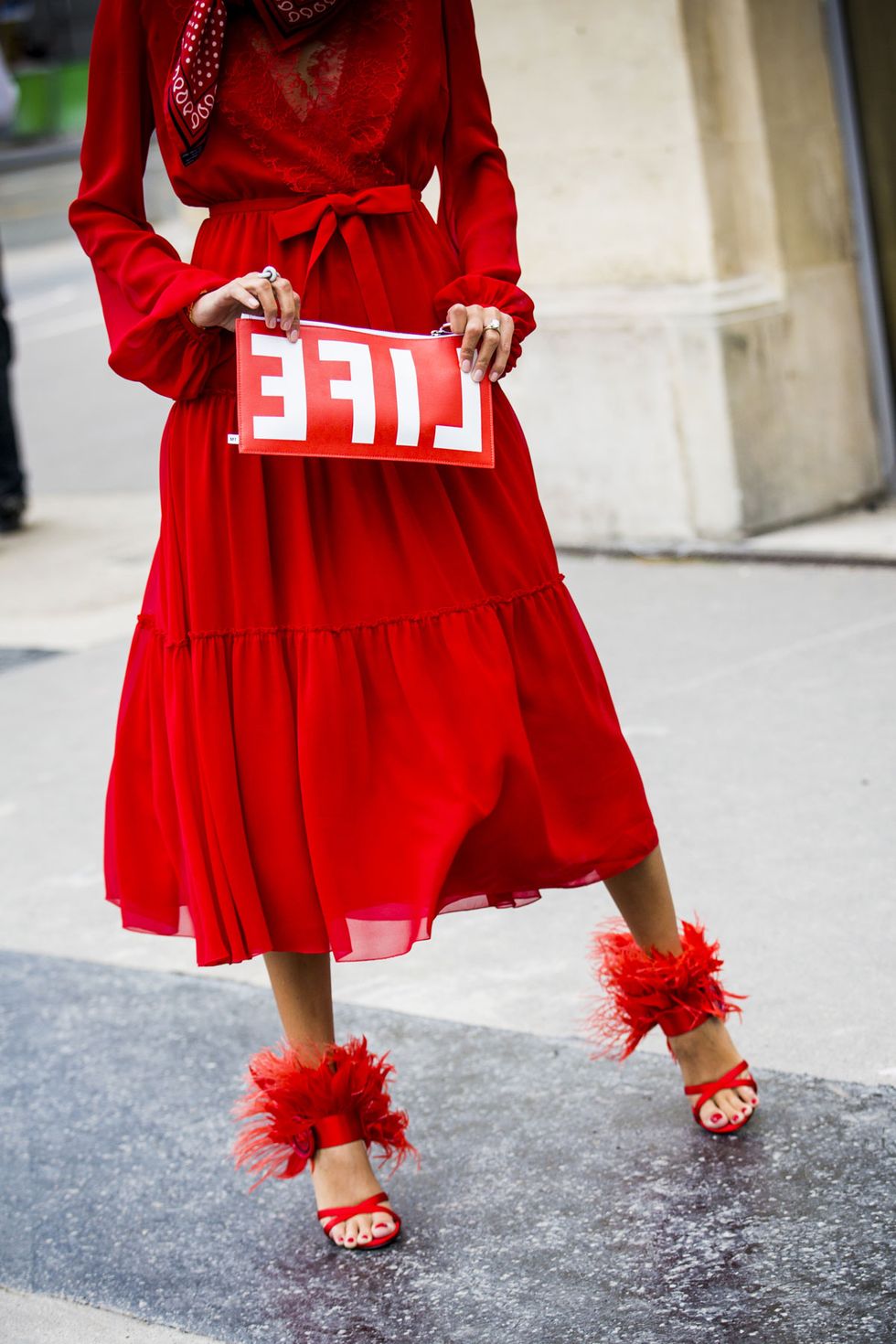 Red, Clothing, Street fashion, Fashion, Dress, Joint, Footwear, Shoulder, Outerwear, Shoe, 
