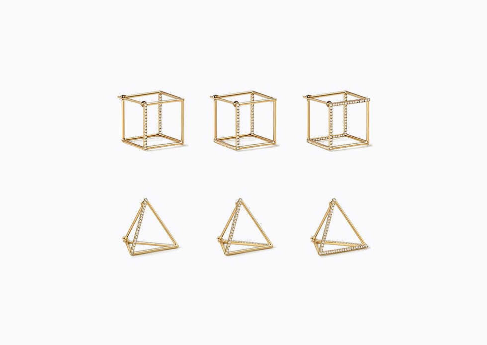Earrings, Brass, Triangle, Metal, Font, Jewellery, Fashion accessory, Triangle, 