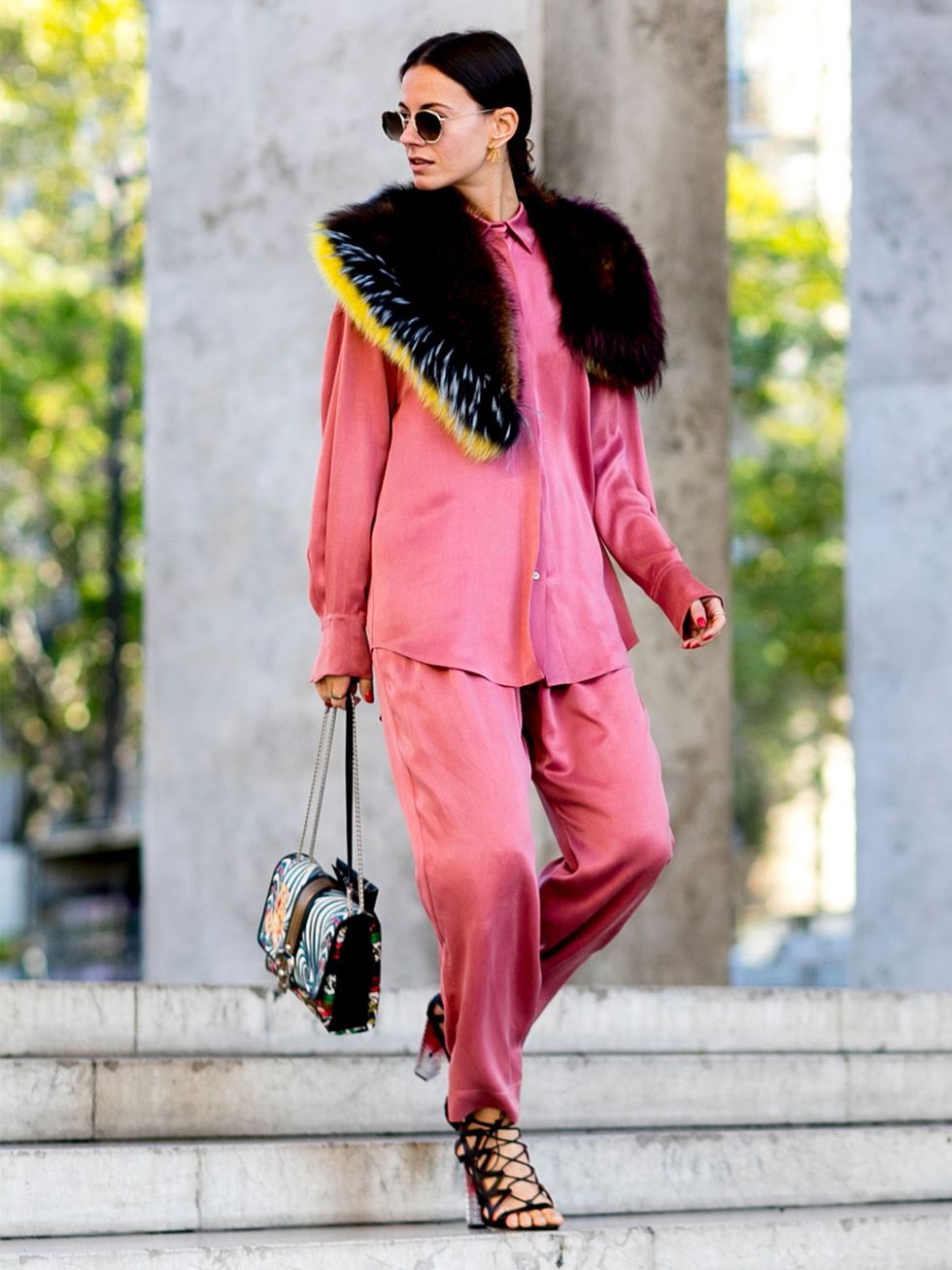 Clothing, Textile, Bag, Outerwear, Sunglasses, Fashion accessory, Style, Pink, Street fashion, Magenta, 