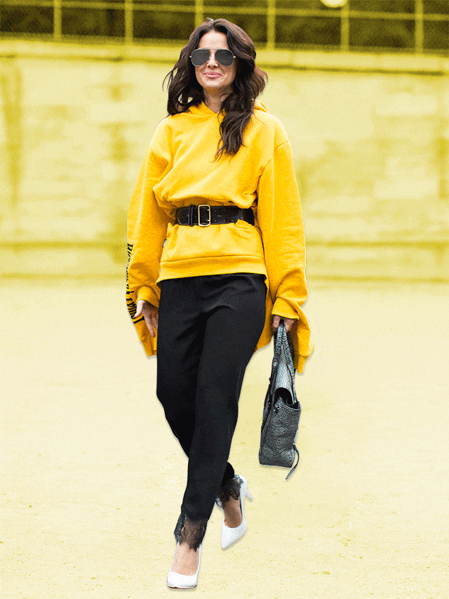 Clothing, Yellow, Sleeve, Bag, Shoulder, Joint, Outerwear, Style, Street fashion, Waist, 