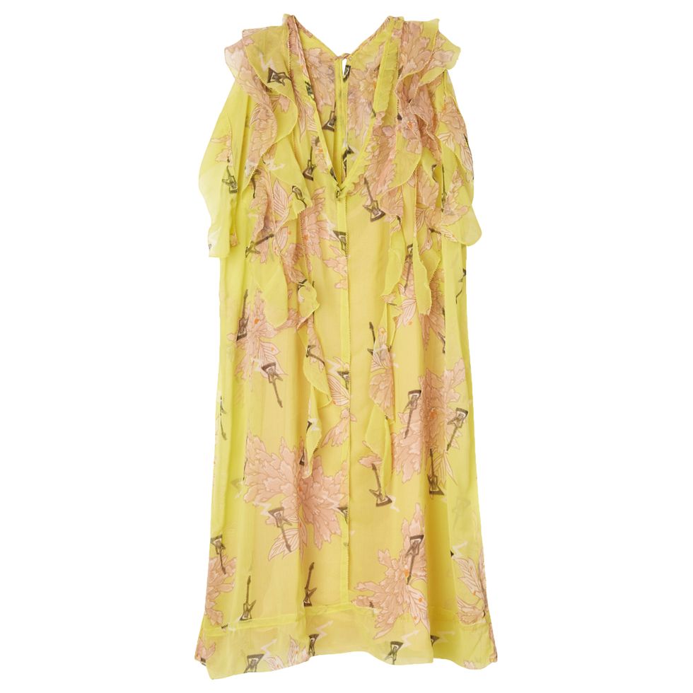 Yellow, Beige, Silk, Peach, Day dress, Satin, Pattern, 