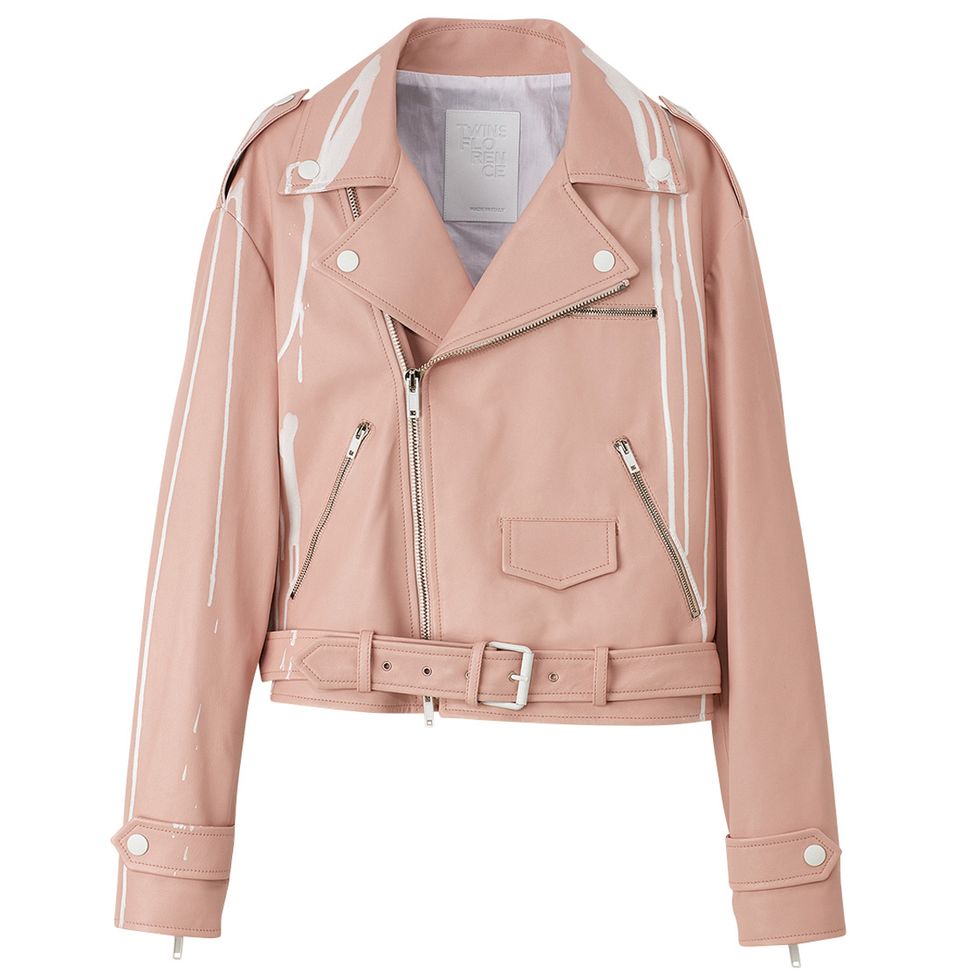 Clothing, Jacket, Leather, Outerwear, Leather jacket, Sleeve, Beige, Pink, Textile, Top, 