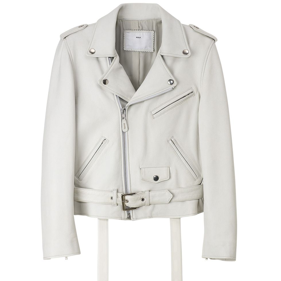 Clothing, Jacket, White, Outerwear, Sleeve, Leather, Beige, Leather jacket, Collar, Blazer, 