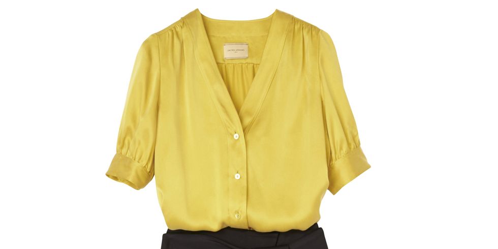 Clothing, Yellow, Sleeve, Neck, Blouse, Button, Trousers, Waist, Outerwear, Formal wear, 