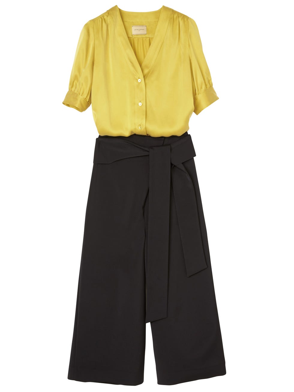 Clothing, Yellow, Sleeve, Neck, Blouse, Button, Trousers, Waist, Outerwear, Formal wear, 