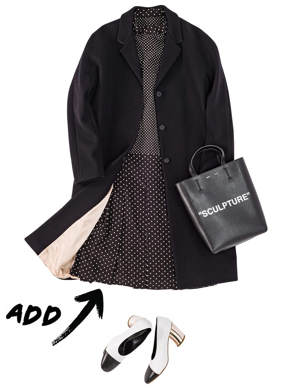 Clothing, Black, Outerwear, Coat, Pattern, Design, Blazer, Polka dot, Font, Sleeve, 