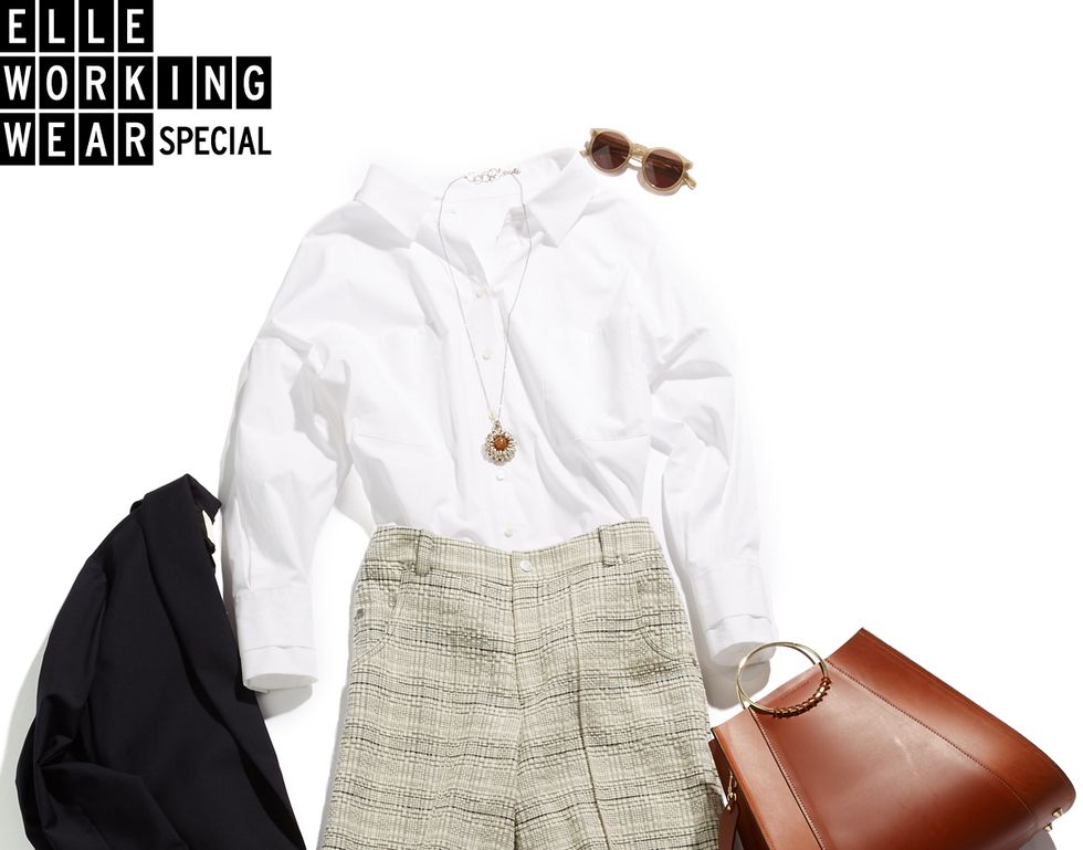 White, Clothing, Brown, Footwear, Outerwear, Sleeve, Bag, Trousers, Shoe, Formal wear, 