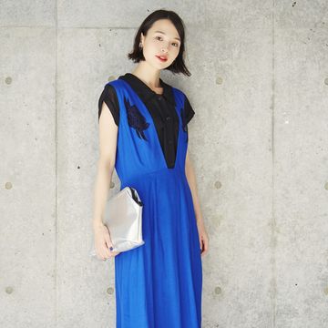 Clothing, Blue, Dress, Sleeve, Shoulder, Textile, Joint, Style, Electric blue, One-piece garment, 