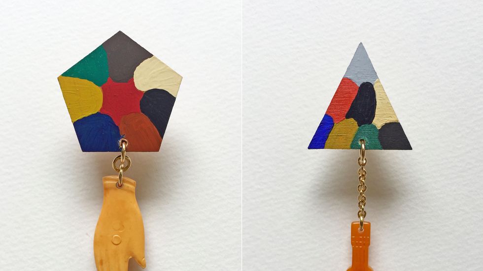 Colorfulness, Earrings, Orange, Electric blue, Craft, Natural material, Body jewelry, Creative arts, Coquelicot, Triangle, 
