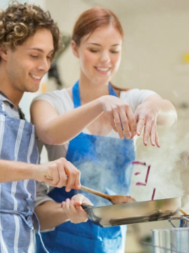 Hair, Arm, Smile, Hand, Shirt, Happy, Facial expression, Kitchen utensil, Service, Paint, 