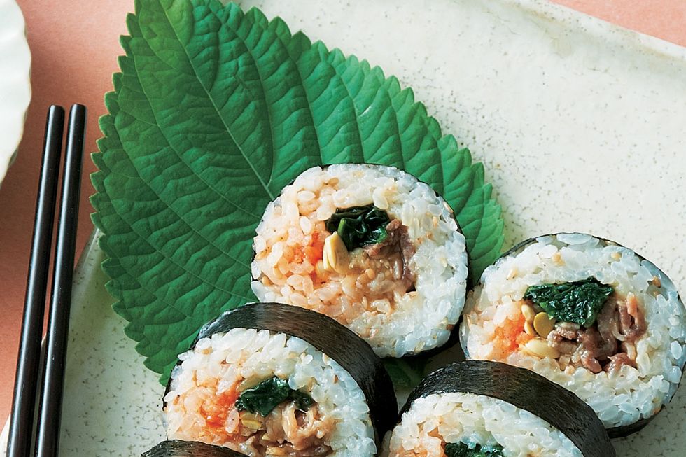 Food, Cuisine, Sushi, Rice, White rice, Ingredient, Steamed rice, Dish, Produce, Gimbap, 