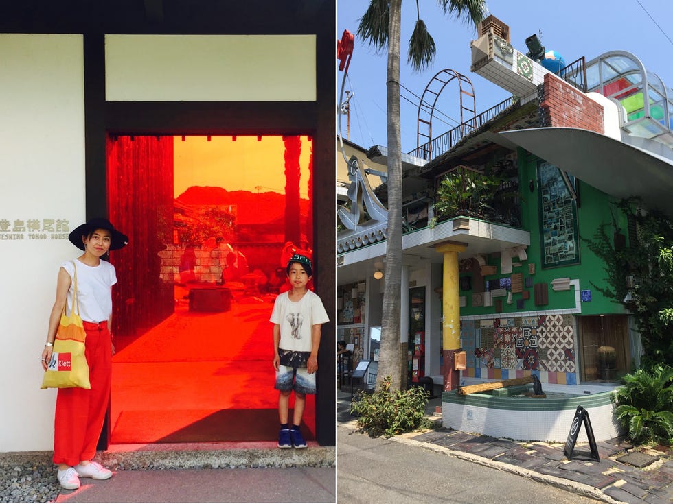 Street fashion, Sunglasses, Sidewalk, Shade, Bench, Coquelicot, Palm tree, Arecales, Temple, Houseplant, 