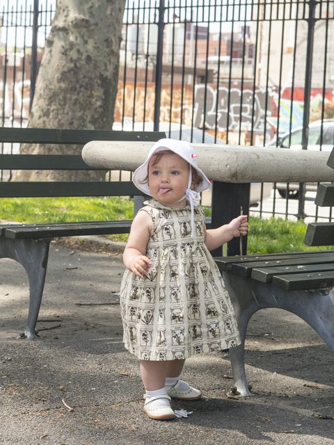 Product, Outdoor furniture, Dress, Bench, Baby & toddler clothing, Child, Outdoor bench, People in nature, Toddler, Spring, 